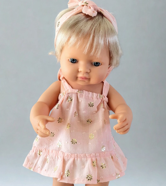 Robe à bretelles rose et or + bandeau poupée 30/38cm