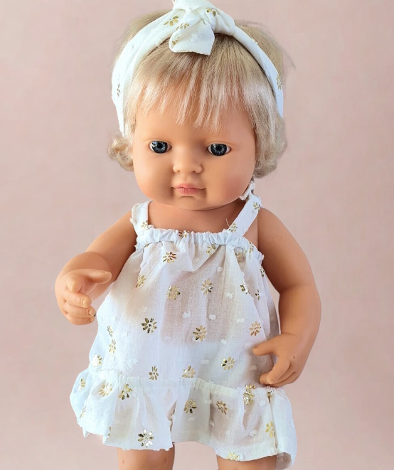 Robe à bretelles blanc et or + bandeau pour poupée 30/38 cm