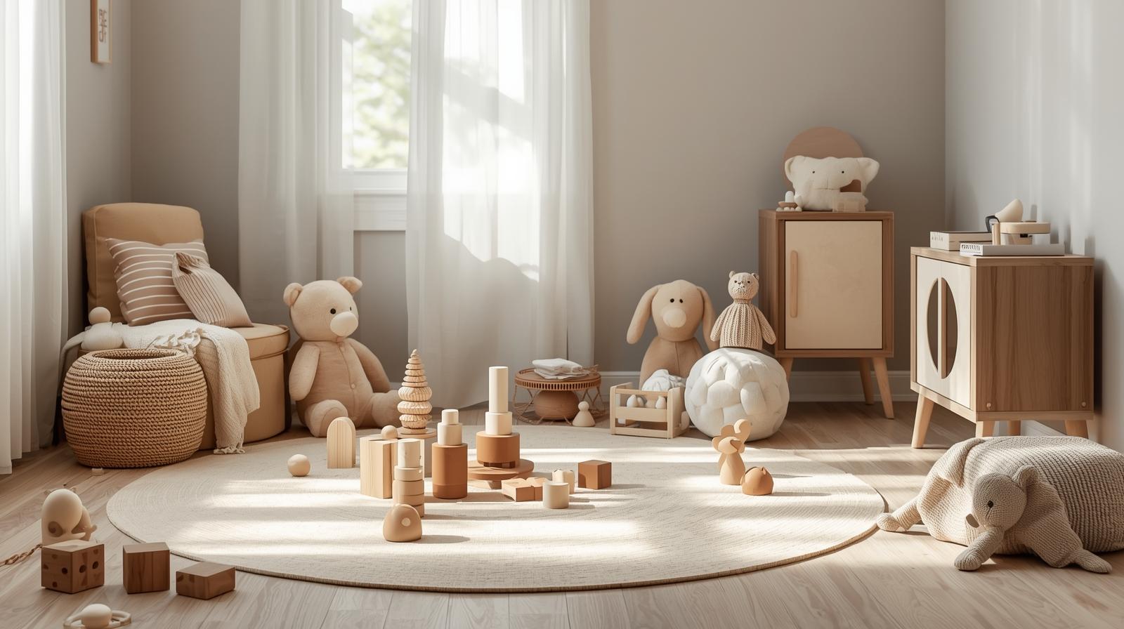 Une jolie chambre d'enfant avec du mobilier aux couleurs douces et naturelles avec par terre des jouets en bois, des peluches
