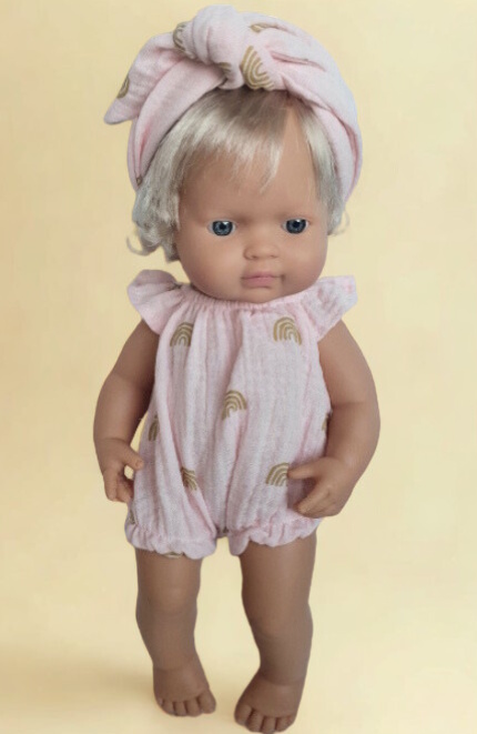 Barboteuse rose arc en ciel et bandeau pour poupée 34/38 cm