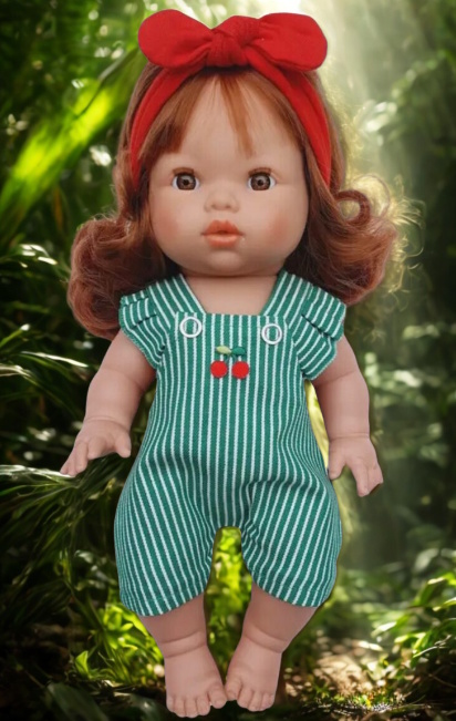 Salopette d’été rayée vert poupée 34 cm