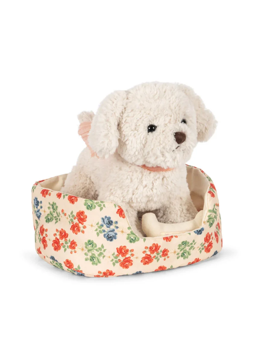 Petit chien blanc Madeleine et son panier