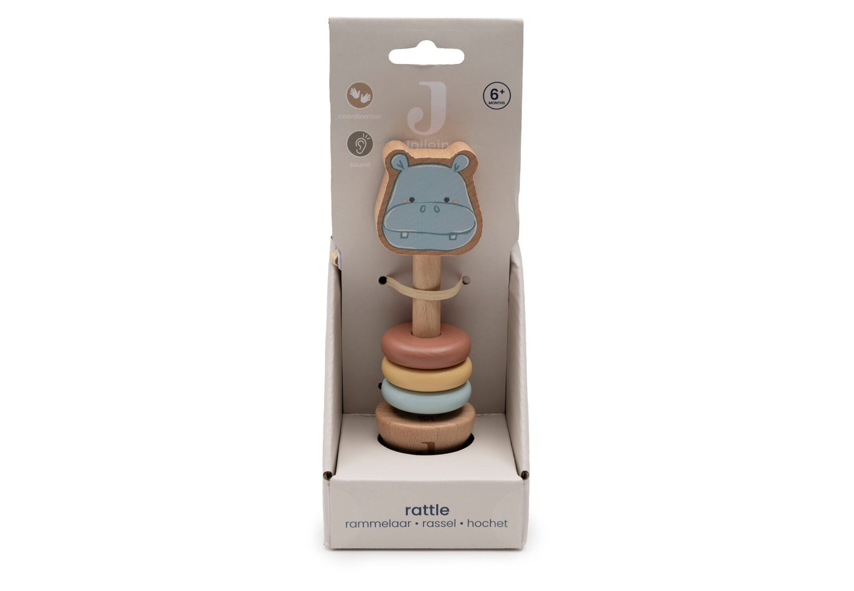 Hochet en bois Hippo Happy Jollies dans son emballage