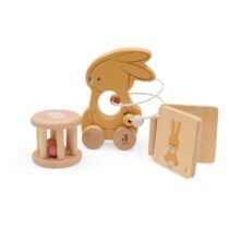 Coffret cadeau en bois Bunny Luz Jollies : lapin à tirer, hochet et livre en bois